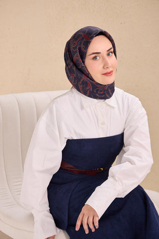 Twill İpek Eşarp Barok Lacivert 90x90 - Twill İpek Eşarp - | Silk Home
