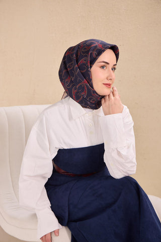 Twill İpek Eşarp Barok Lacivert 90x90 - Twill İpek Eşarp - | Silk Home