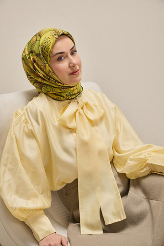 Twill İpek Eşarp Büyük Çiçek Yeşil 90x90