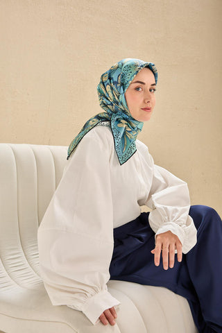 Twill İpek Eşarp Büyük Çiçek Mavi 90x90