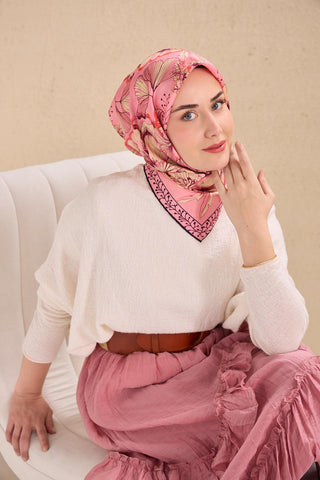 Twill İpek Eşarp Büyük Çiçek Pembe 90x90 - Twill İpek Eşarp - | Silk Home