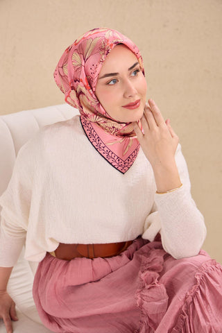 Twill İpek Eşarp Büyük Çiçek Pembe 90x90 - Twill İpek Eşarp - | Silk Home