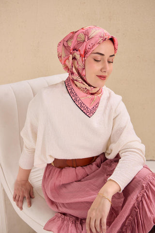Twill İpek Eşarp Büyük Çiçek Pembe 90x90 - Twill İpek Eşarp - | Silk Home