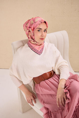 Twill İpek Eşarp Büyük Çiçek Pembe 90x90 - Twill İpek Eşarp - | Silk Home