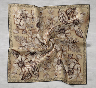 Twill İpek Eşarp Büyük Çiçek Gold 90x90