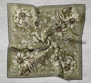 Twill Silk Scarf, Navy Blue, Green Tones, Patterned, Firm Structure, 90x90 cm.