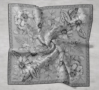 Twill İpek Eşarp Büyük Çiçek Uçuk Gri 90x90