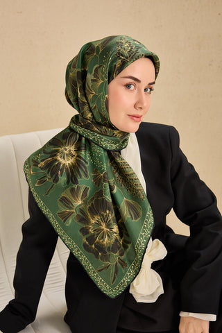 Twill Silk Scarf, Navy Blue, Green Tones, Patterned, Firm Structure, 90x90 cm.