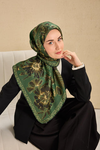 Twill İpek Eşarp Büyük Çiçek Zümrüt 90x90