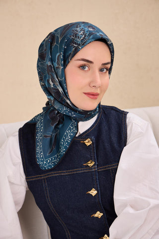 Twill Silk Scarf, Navy Blue, Green Tones, Patterned, Firm Structure, 90x90 cm.