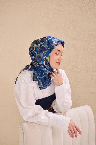 Twill Silk Scarf, Navy Blue, Green Tones, Patterned, Firm Structure, 90x90 cm.