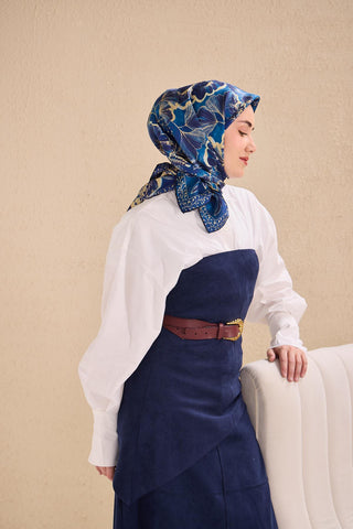 Twill Silk Scarf, Navy Blue, Green Tones, Patterned, Firm Structure, 90x90 cm.