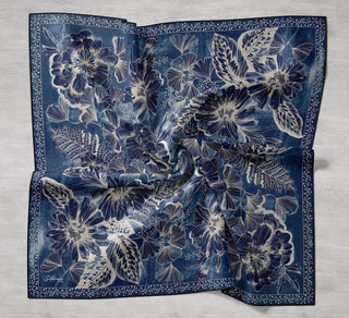 Twill Silk Scarf, Navy Blue, Green Tones, Patterned, Firm Structure, 90x90 cm.