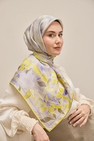 Twill Silk Scarf, Navy Blue, Green Tones, Patterned, Firm Structure, 90x90 cm.