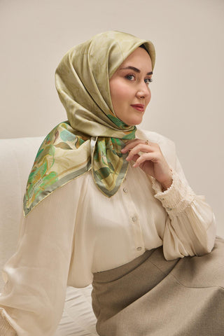 Twill Silk Scarf, Navy Blue, Green Tones, Patterned, Firm Structure, 90x90 cm.