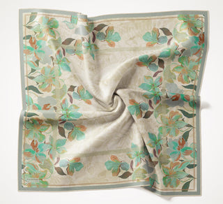 Twill Silk Scarf, Navy Blue, Green Tones, Patterned, Firm Structure, 90x90 cm.