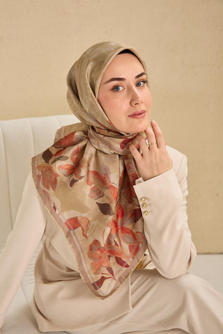 Twill İpek Eşarp Evreka Bej 90x90 - Twill İpek Eşarp - | Silk Home