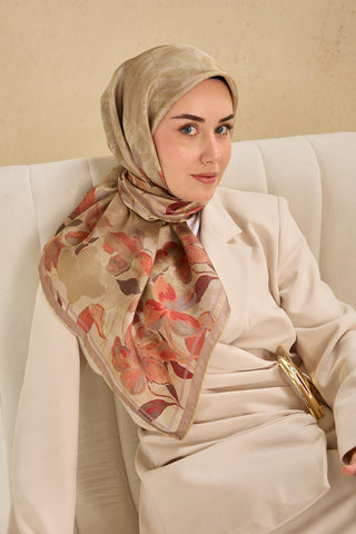 Twill İpek Eşarp Evreka Bej 90x90 - Twill İpek Eşarp - | Silk Home