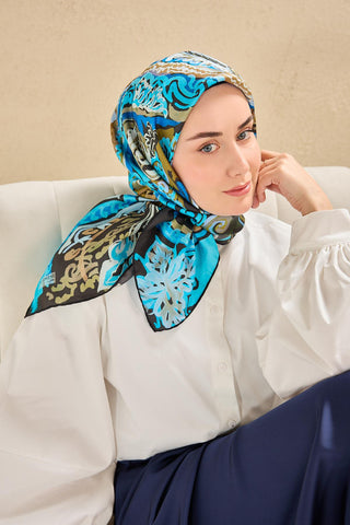 Twill Silk Scarf, Navy Blue, Green Tones, Patterned, Firm Structure, 90x90 cm.