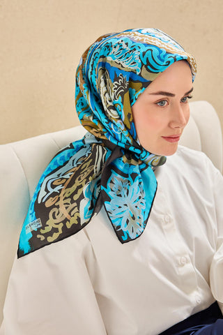 Twill Silk Scarf, Navy Blue, Green Tones, Patterned, Firm Structure, 90x90 cm.