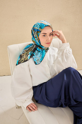 Twill Silk Scarf, Navy Blue, Green Tones, Patterned, Firm Structure, 90x90 cm.
