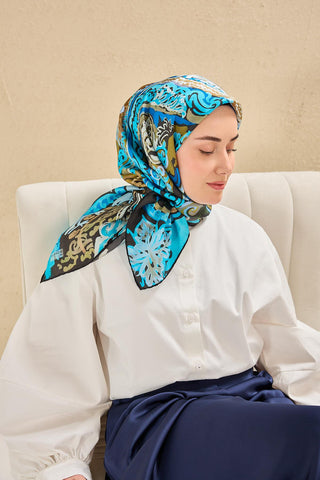 Twill Silk Scarf, Navy Blue, Green Tones, Patterned, Firm Structure, 90x90 cm.