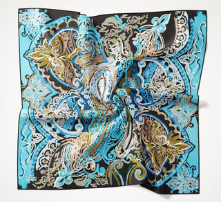 Twill Silk Scarf, Navy Blue, Green Tones, Patterned, Firm Structure, 90x90 cm.