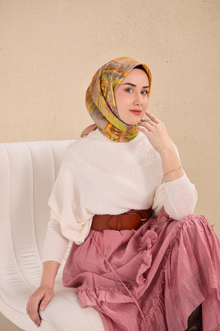 Twill İpek Eşarp Art Desen Soluk Turuncu 90x90 - Twill İpek Eşarp - | Silk Home