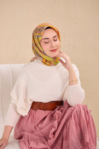 Twill İpek Eşarp Art Desen Soluk Turuncu 90x90 - Twill İpek Eşarp - | Silk Home