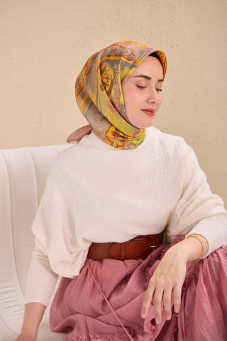 Twill İpek Eşarp Art Desen Soluk Turuncu 90x90 - Twill İpek Eşarp - | Silk Home