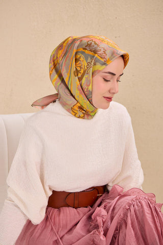 Twill İpek Eşarp Art Desen Soluk Turuncu 90x90 - Twill İpek Eşarp - | Silk Home