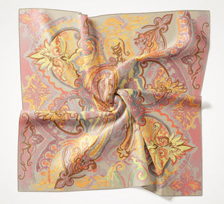 Twill İpek Eşarp Art Desen Soluk Turuncu 90x90 - Twill İpek Eşarp - | Silk Home