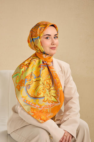 Twill Silk Scarf, Navy Blue, Green Tones, Patterned, Firm Structure, 90x90 cm.