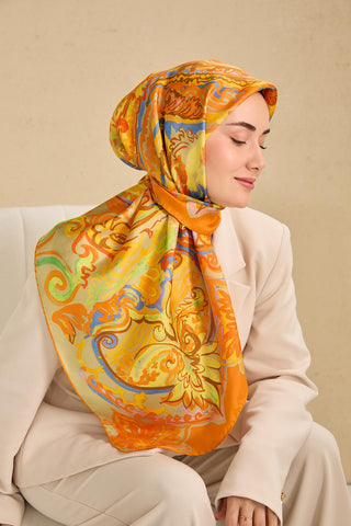 Twill Silk Scarf, Navy Blue, Green Tones, Patterned, Firm Structure, 90x90 cm.