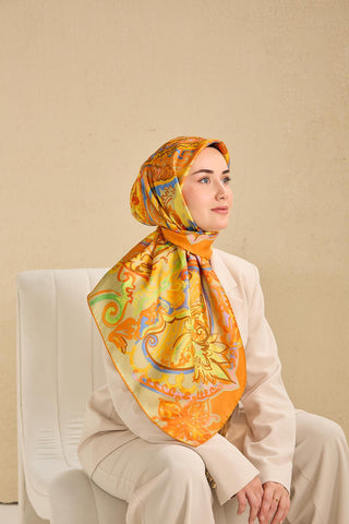Twill Silk Scarf, Navy Blue, Green Tones, Patterned, Firm Structure, 90x90 cm.