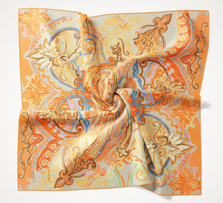 Twill Silk Scarf, Navy Blue, Green Tones, Patterned, Firm Structure, 90x90 cm.