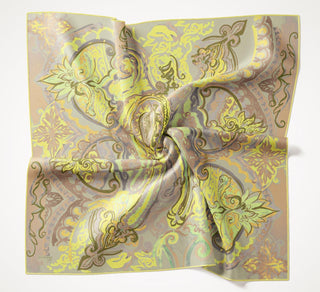 Twill Silk Scarf, Navy Blue, Green Tones, Patterned, Firm Structure, 90x90 cm.