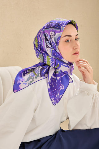 Twill Silk Scarf, Navy Blue, Green Tones, Patterned, Firm Structure, 90x90 cm.