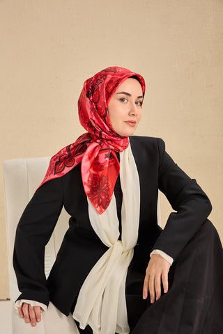 Twill Silk Scarf, Navy Blue, Green Tones, Patterned, Firm Structure, 90x90 cm.