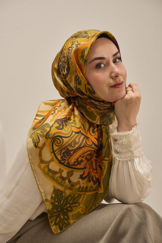 Twill Silk Scarf, Navy Blue, Green Tones, Patterned, Firm Structure, 90x90 cm.
