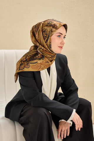 Twill Silk Scarf, Navy Blue, Green Tones, Patterned, Firm Structure, 90x90 cm.