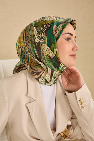 Twill İpek Eşarp Art Desen Koyu Yeşil 90x90