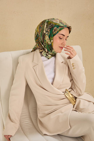 Twill İpek Eşarp Art Desen Koyu Yeşil 90x90