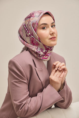 Twill İpek Eşarp Art Desen Eflatun 90x90 - Twill İpek Eşarp - | Silk Home
