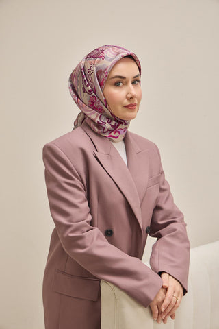 Twill İpek Eşarp Art Desen Eflatun 90x90 - Twill İpek Eşarp - | Silk Home
