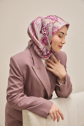 Twill İpek Eşarp Art Desen Eflatun 90x90 - Twill İpek Eşarp - | Silk Home