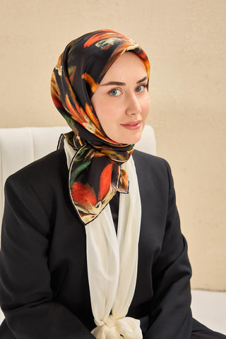 Twill Silk Scarf, Navy Blue, Green Tones, Patterned, Firm Structure, 90x90 cm.