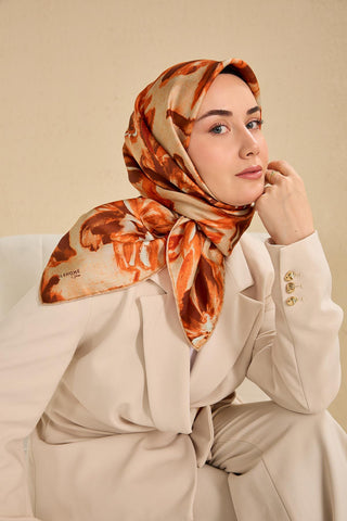 Twill Silk Scarf, Navy Blue, Green Tones, Patterned, Firm Structure, 90x90 cm.