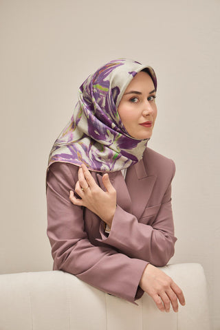 Twill İpek Eşarp Sulu Boya Mor 90x90 - Twill İpek Eşarp - | Silk Home
