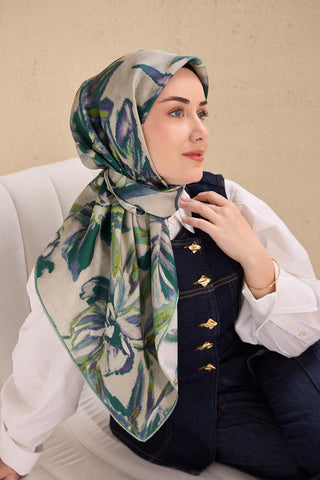 Twill Silk Scarf, Navy Blue, Green Tones, Patterned, Firm Structure, 90x90 cm.